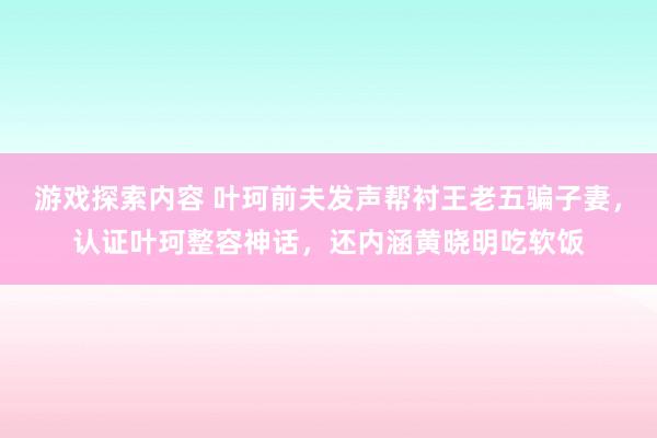 游戏探索内容 叶珂前夫发声帮衬王老五骗子妻，认证叶珂整容神话，还内涵黄晓明吃软饭